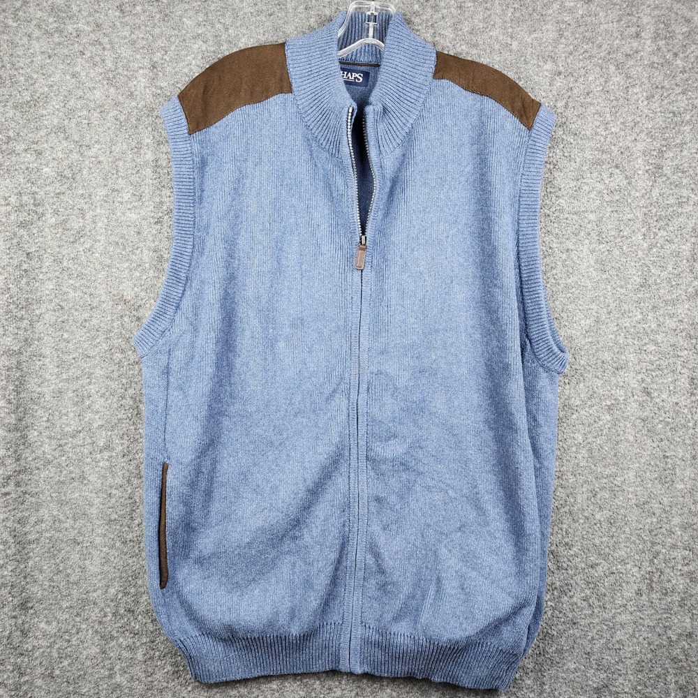 Chaps Sweater Vest Mens XXL Blue Good‎ Full Zip Faux Suede Shoulders Ribbed Knit